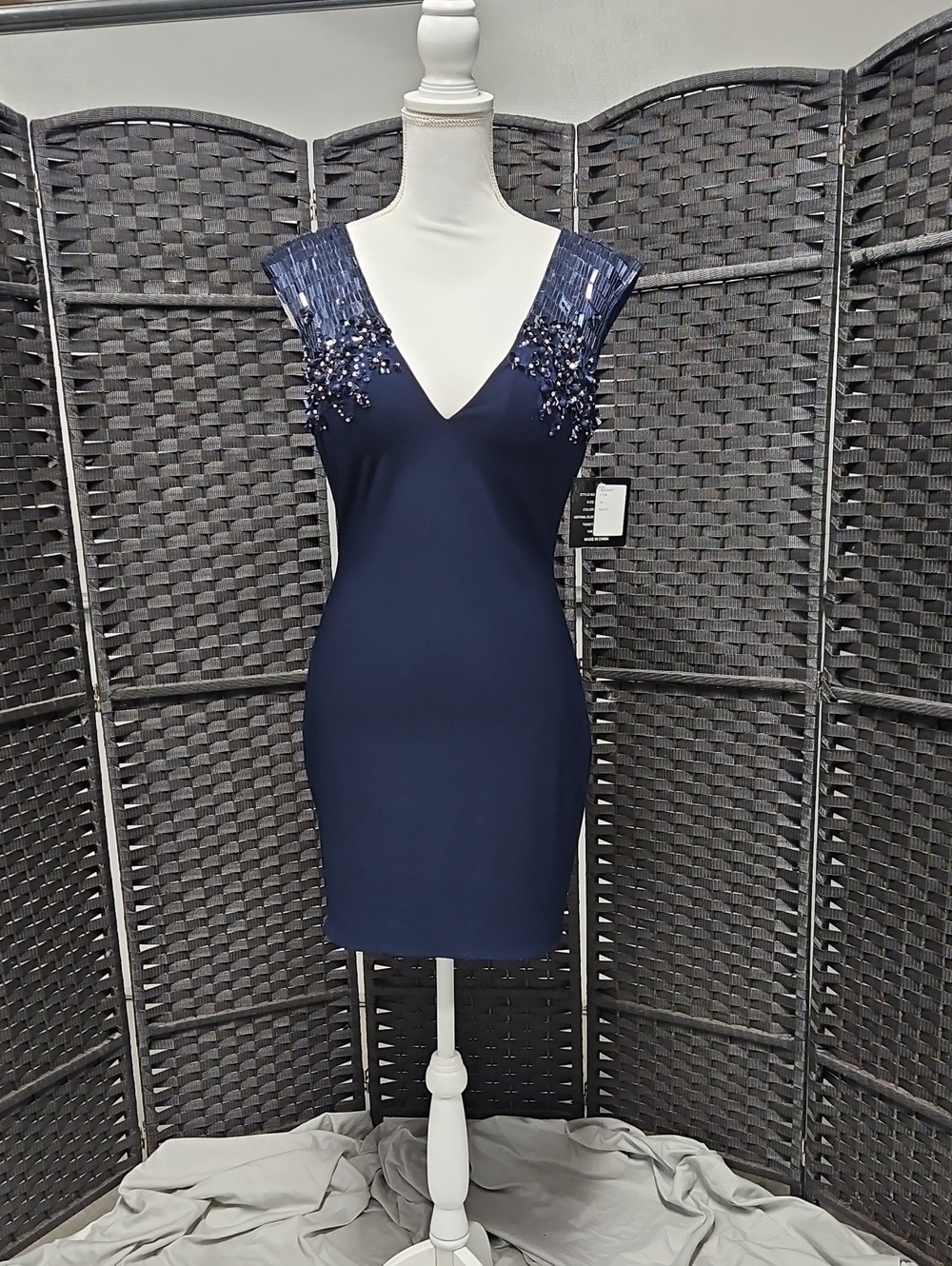 Size 10 Navy sleeveless jersey bodycon w/ beads by "Black by Alexia Designs" NWT